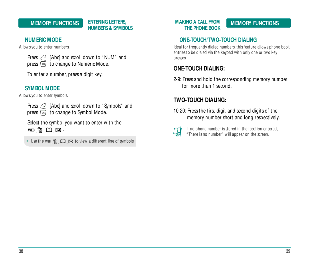 UTStarcom CDM89215 manual ONE-TOUCH Dialing, Numeric Mode, Symbol Mode, ONE-TOUCH/TWO-TOUCH Dialing 