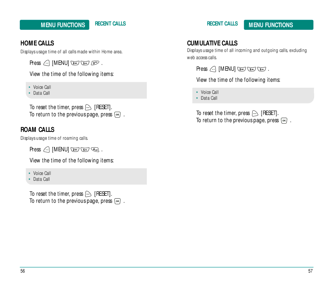 UTStarcom CDM89215 manual Home Calls, Roam Calls, Cumulative Calls, To reset the timer, press 