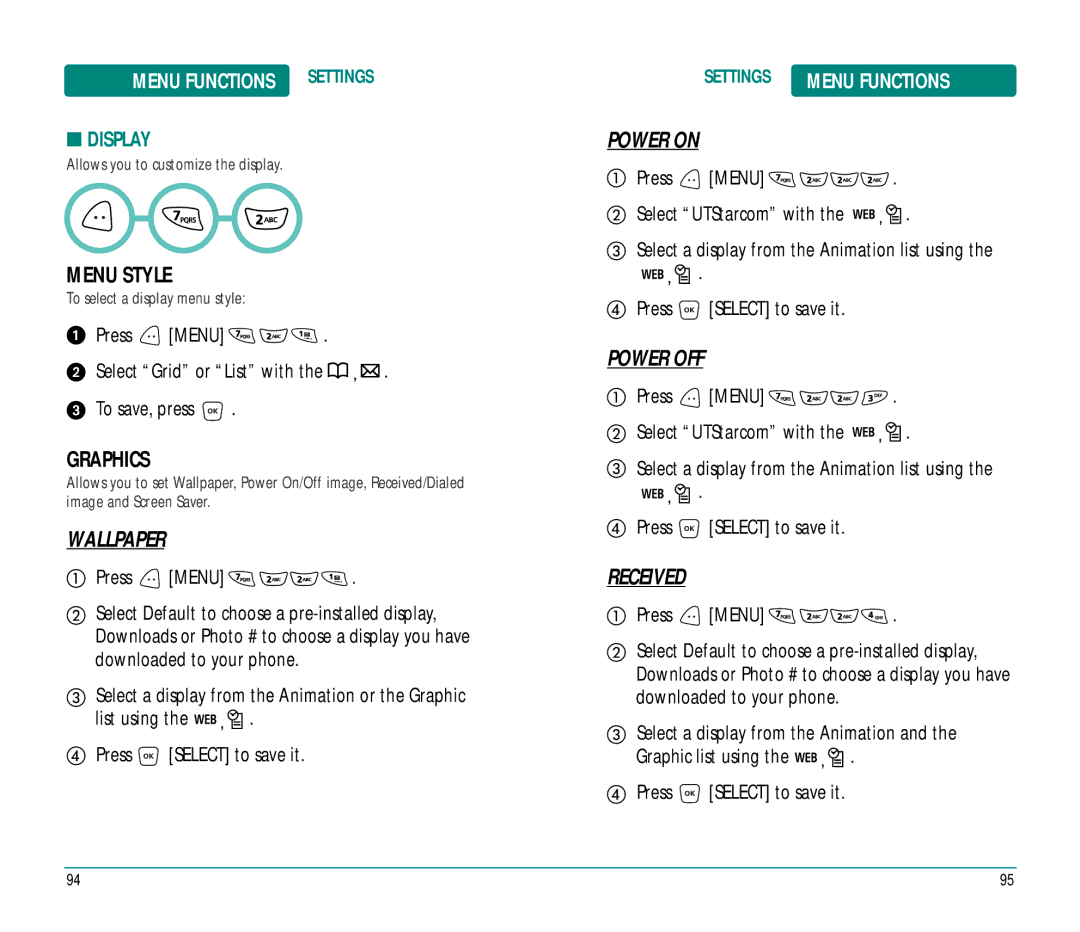 UTStarcom CDM89215 manual Menu Style, Wallpaper, Power on, Power OFF, Received 