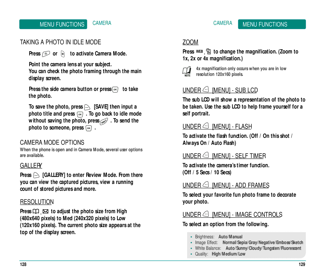 UTStarcom CDM89215 manual Gallery, Resolution, Zoom, Under Menu SUB LCD, Under Menu Flash, Under Menu Self Timer 