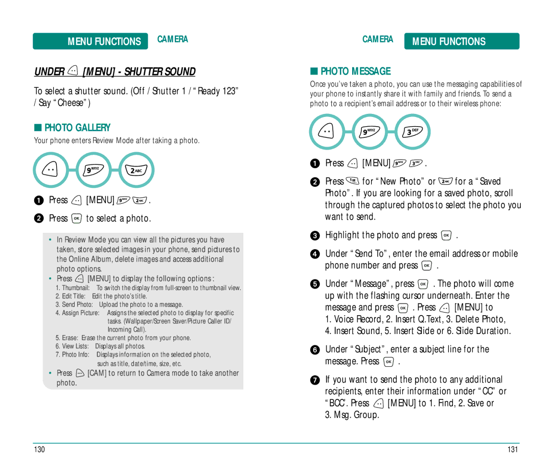 UTStarcom CDM89215 manual Under Menu Shutter Sound, Photo Gallery, Photo Message, Press Menu Press to select a photo 