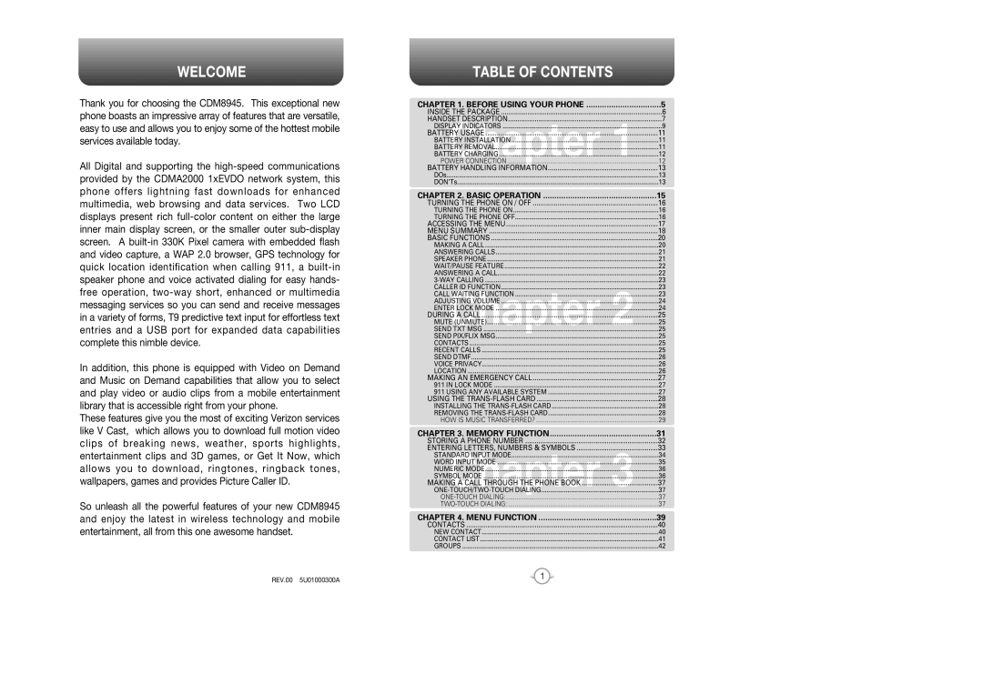 UTStarcom CDM8945 manual Welcome, Table of Contents 