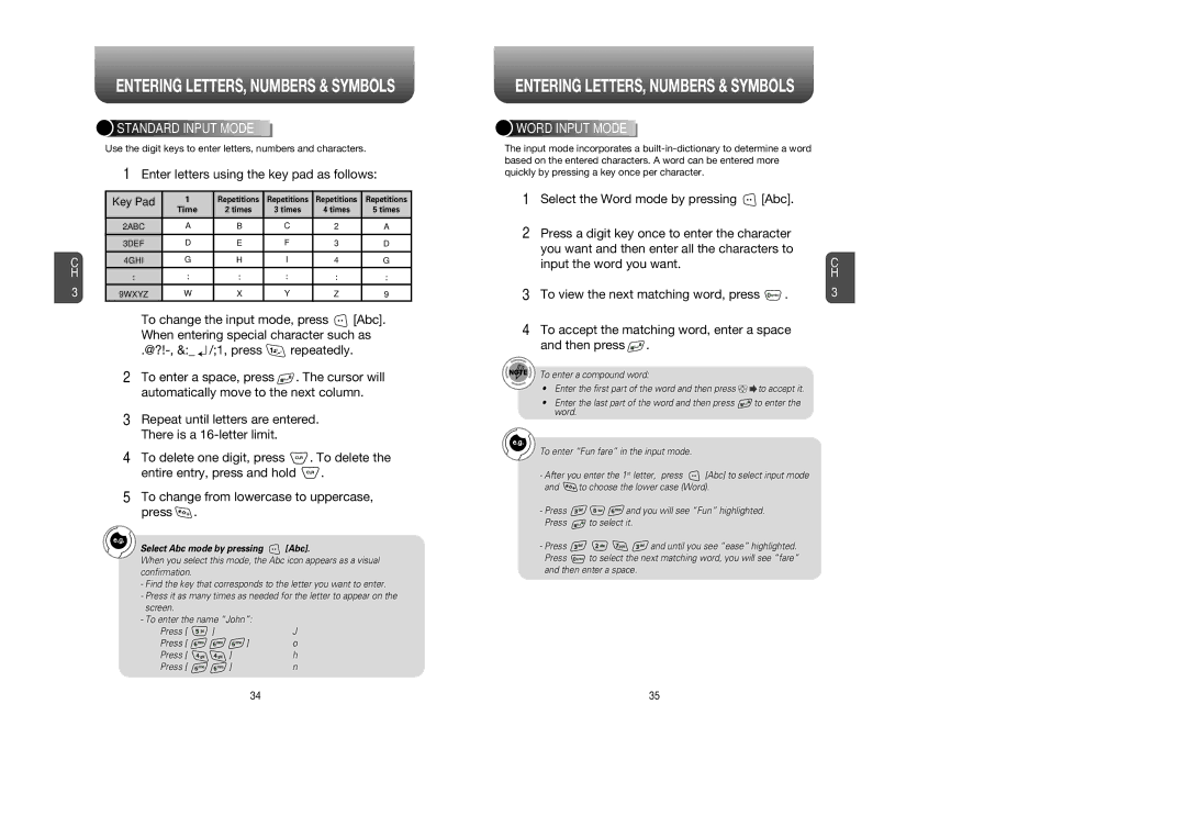 UTStarcom CDM8945 manual Enter letters using the key pad as follows, Standard Input Mode, Word Input Mode 