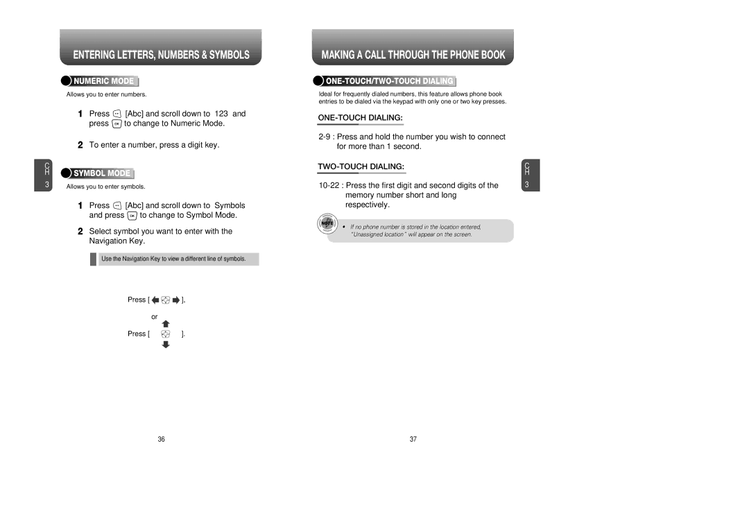 UTStarcom CDM8945 manual ONE-TOUCH Dialing, TWO-TOUCH Dialing, Numeric Mode, Symbol Mode 