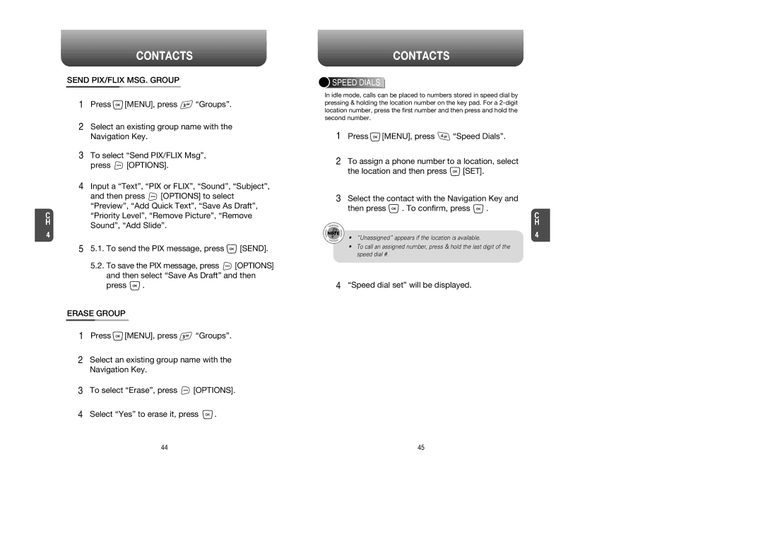 UTStarcom CDM8945 manual Send PIX/FLIX MSG. Group, Erase Group, Speed dial set will be displayed, Speed Dials 