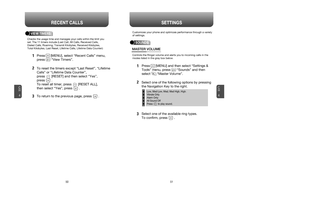 UTStarcom CDM8945 Settings, Master Volume, Select one of the available ring types To confirm, press, View Timers, Sounds 