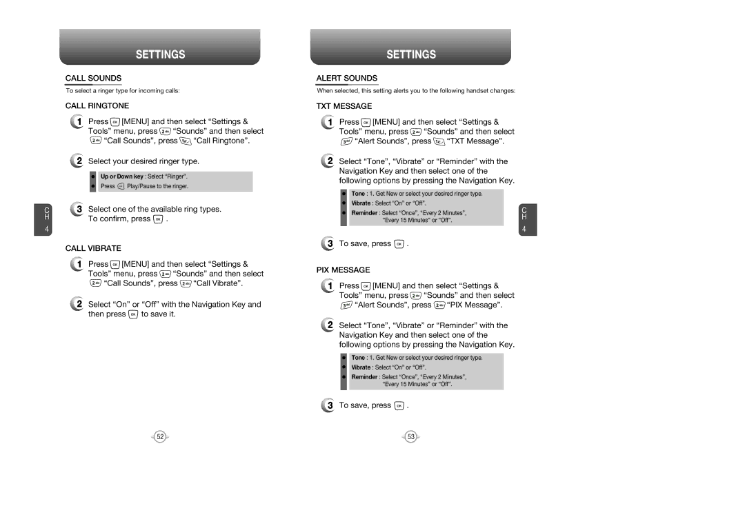 UTStarcom CDM8945 manual Call Sounds, Call Ringtone, Call Vibrate, Alert Sounds, TXT Message, PIX Message 