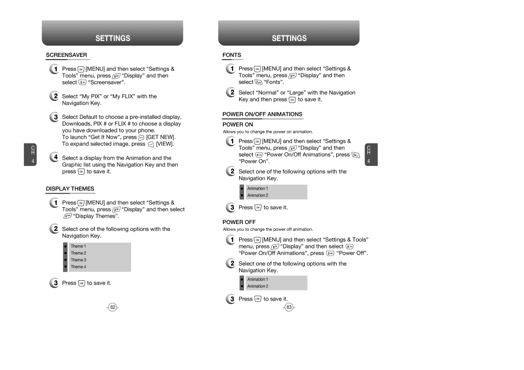 UTStarcom CDM8945 manual Screensaver, Fonts, Power ON/OFF Animations Power on, Display Themes, Power OFF 