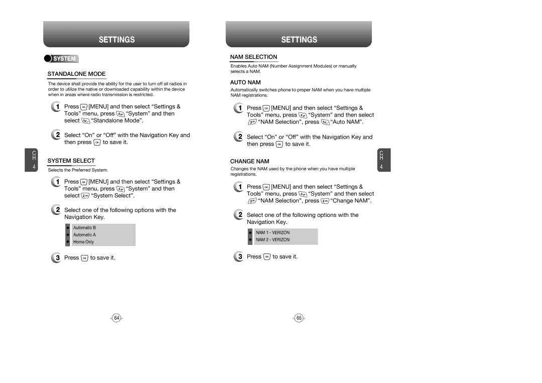 UTStarcom CDM8945 manual Standalone Mode, NAM Selection, Auto NAM, System Select Change NAM 