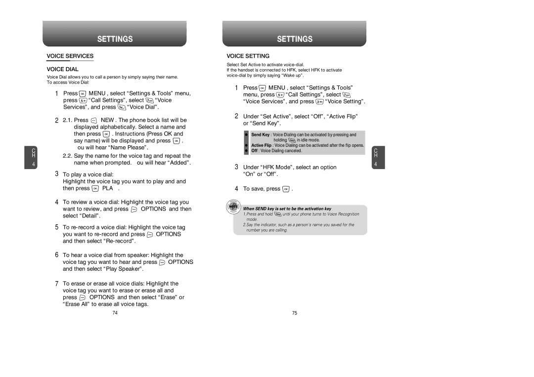 UTStarcom CDM8945 Voice Services Voice Dial, Voice Setting, Under HFK Mode, select an option On or Off To save, press 