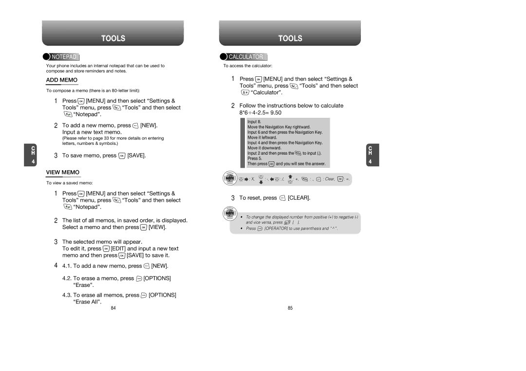 UTStarcom CDM8945 manual ADD Memo, To save memo, press Save, View Memo, To reset, press Clear, Calculator 