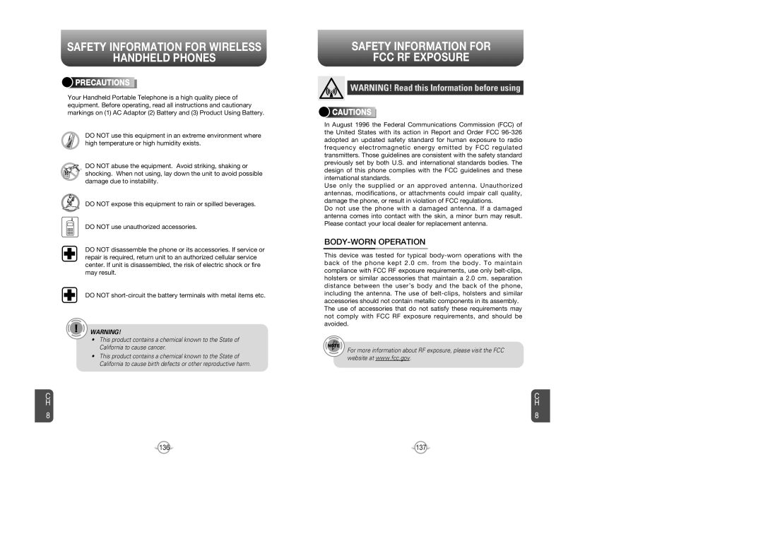 UTStarcom CDM8945 manual Safety Information for FCC RF Exposure, BODY-WORN Operation, Precautions 