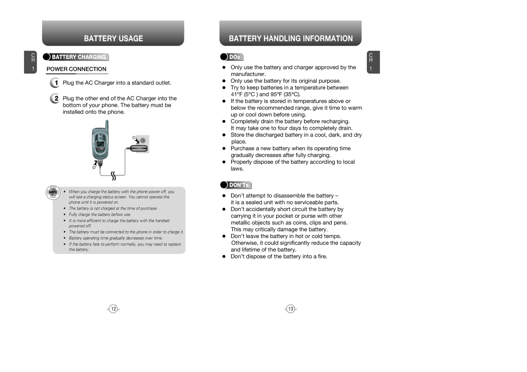 UTStarcom CDM8945 manual Battery Handling Information, Power Connection, DOs, DON’Ts 