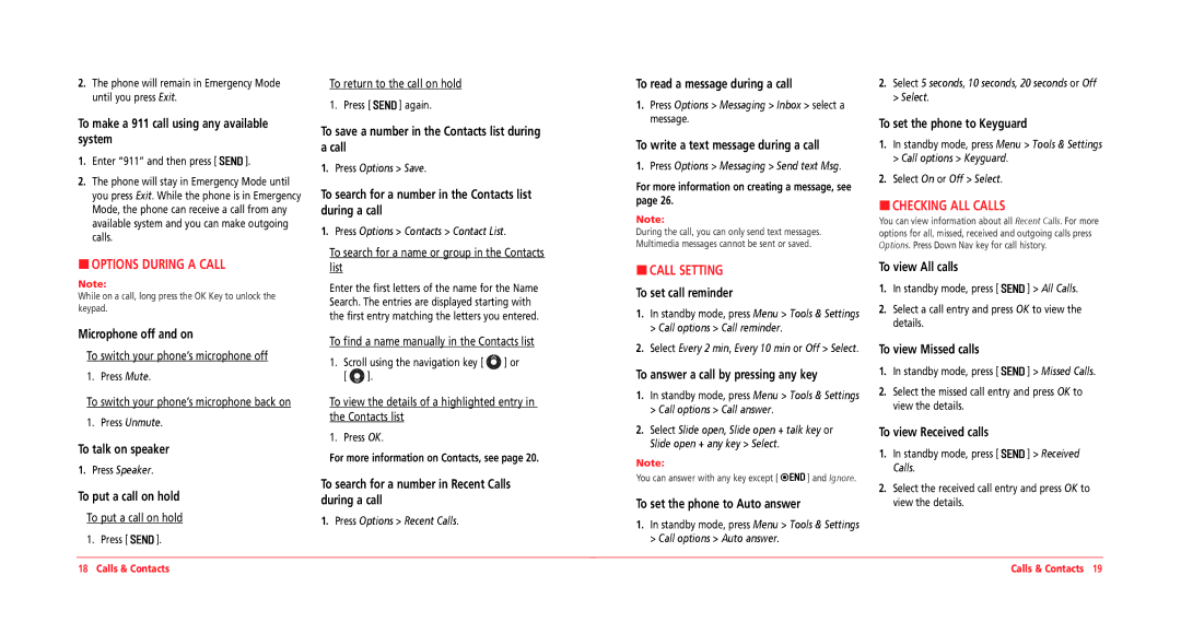 UTStarcom CDM8964VM manual Options During a Call, Call Setting, Checking ALL Calls 