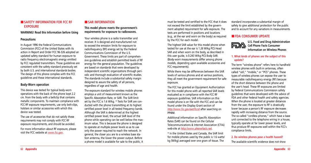 UTStarcom CDM8964VM manual Safety Information for FCC RF Exposure, SAR Information, FDA Consumer Update, Precautions 