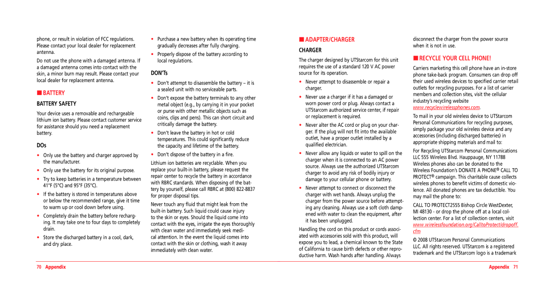 UTStarcom CDM8964VM manual Battery, Recycle Your Cell Phone, DOs, DON’Ts 