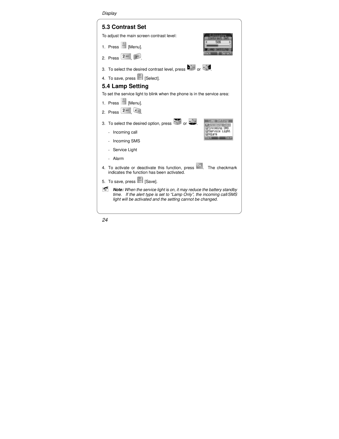 UTStarcom Handset warranty Contrast Set, Lamp Setting 