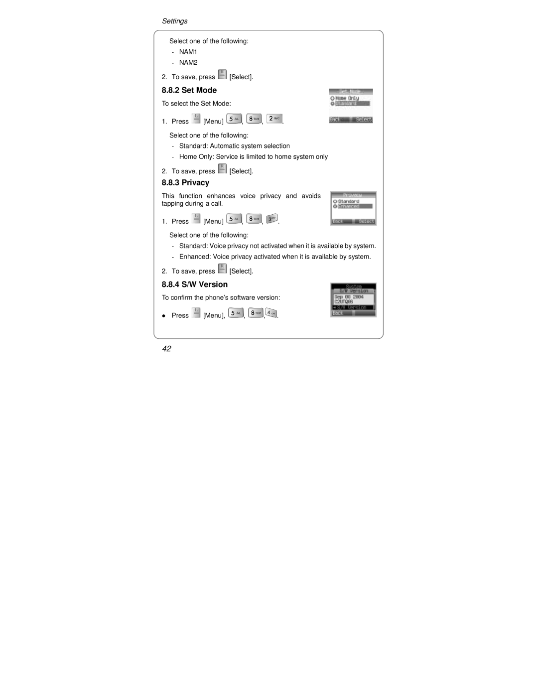 UTStarcom Handset warranty Set Mode, Privacy, 4 S/W Version 