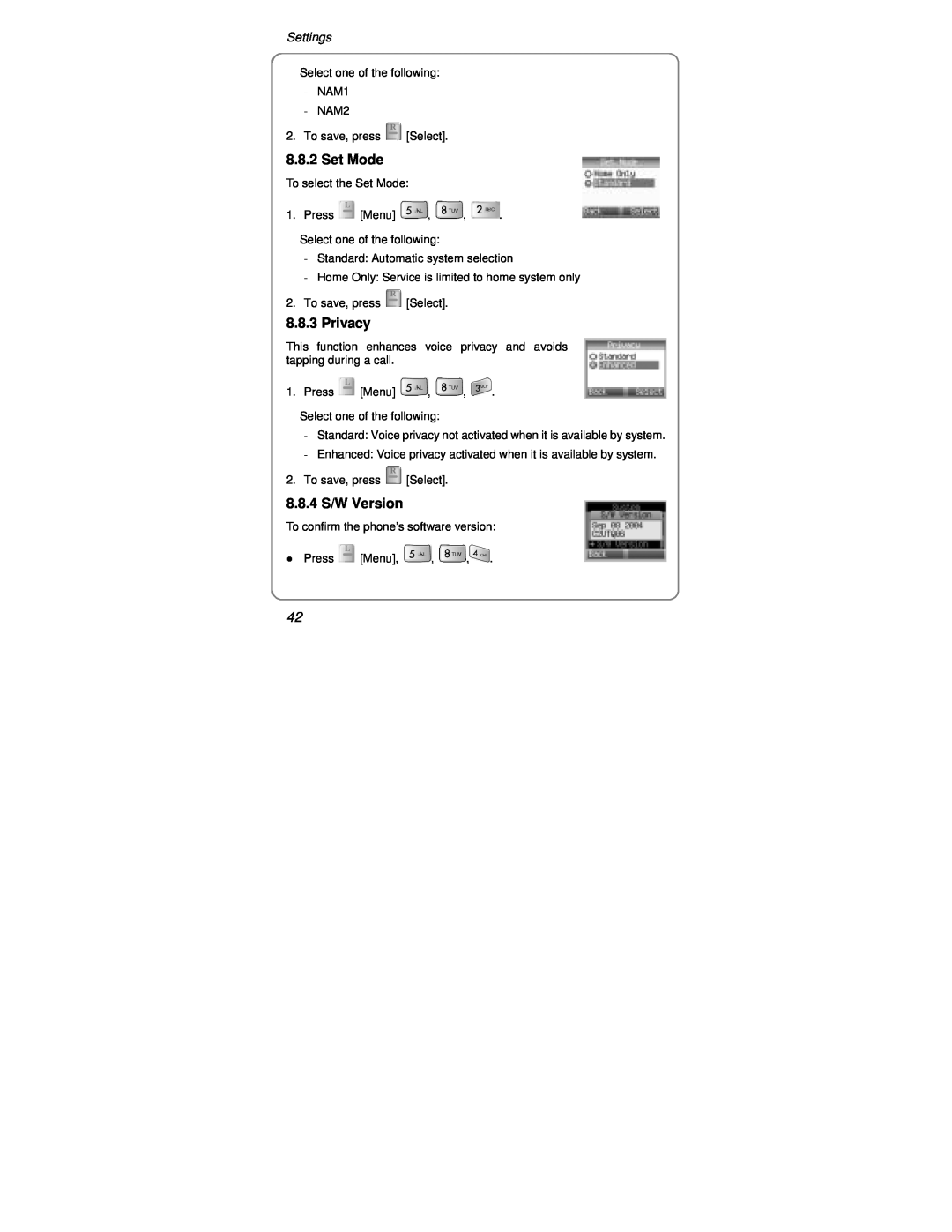 UTStarcom Handset warranty Set Mode, Privacy, 8.8.4 S/W Version, Settings 
