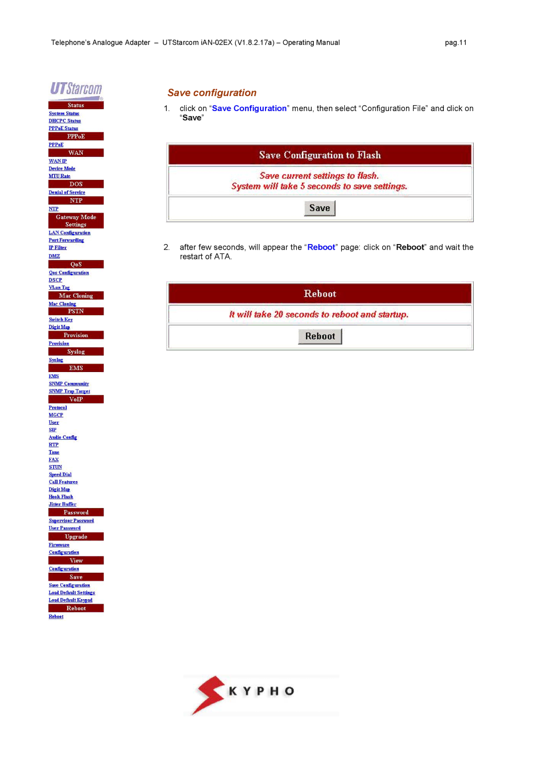 UTStarcom IAN-02EX manual Save configuration 