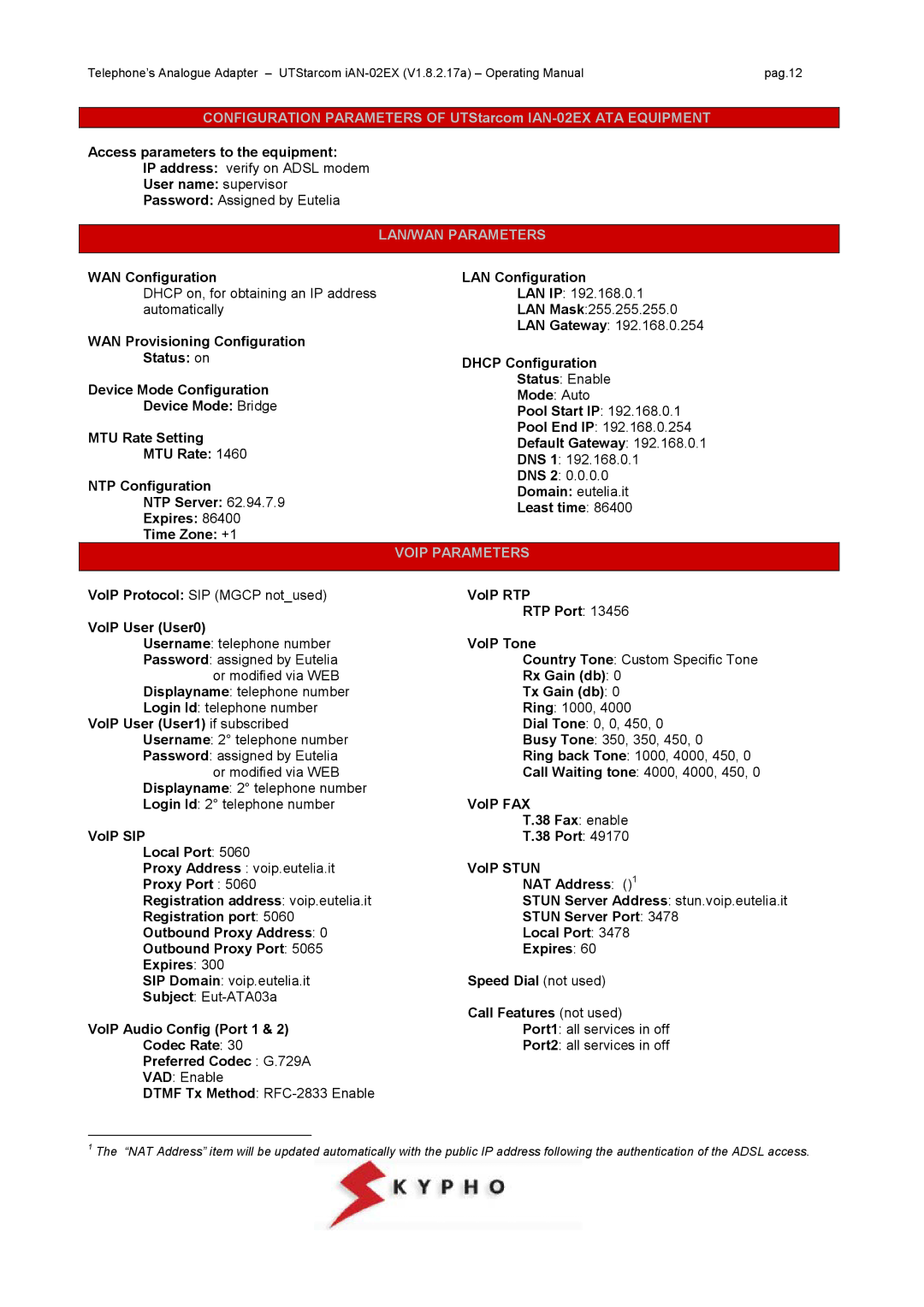 UTStarcom IAN-02EX manual LAN/WAN Parameters 