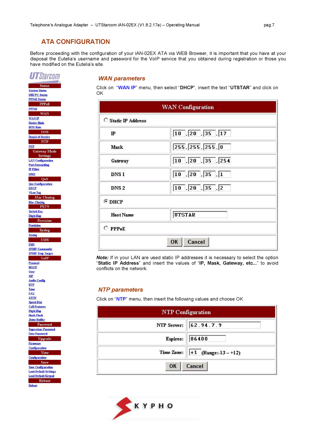 UTStarcom IAN-02EX manual ATA Configuration, WAN parameters, NTP parameters 