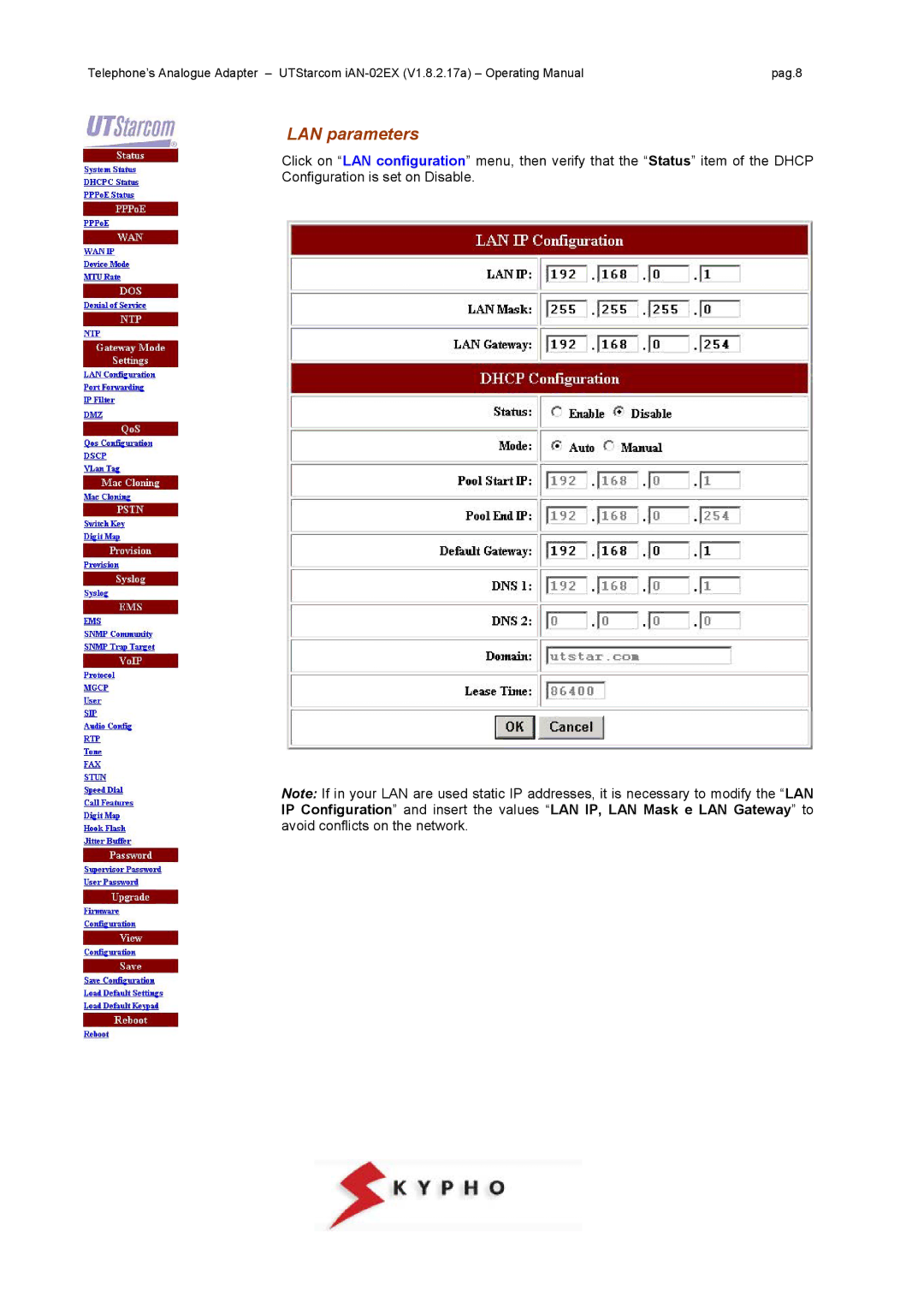 UTStarcom IAN-02EX manual LAN parameters 