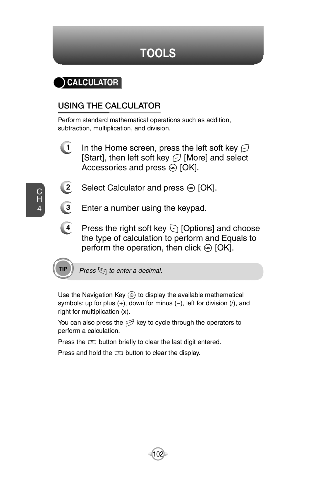 UTStarcom PN-820 user manual Calculator, Tools 