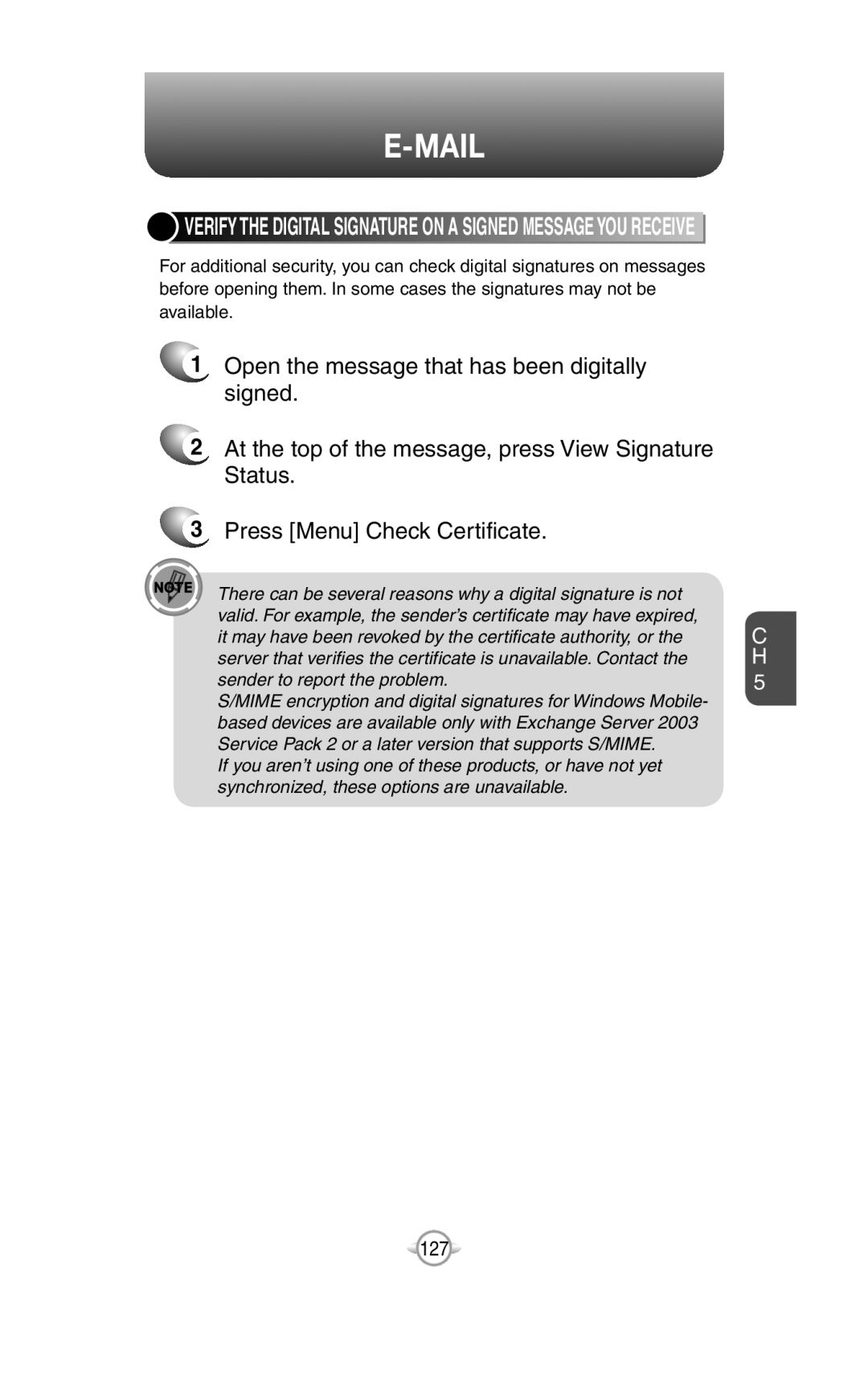 UTStarcom PN-820 user manual E-Mail, 1Open the message that has been digitally signed, 3Press Menu Check Certificate 