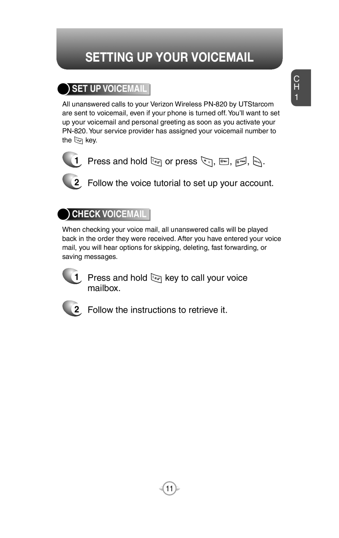 UTStarcom PN-820 user manual Setting Up Your Voicemail, Set Up Voicemailh, Check Voicemail 