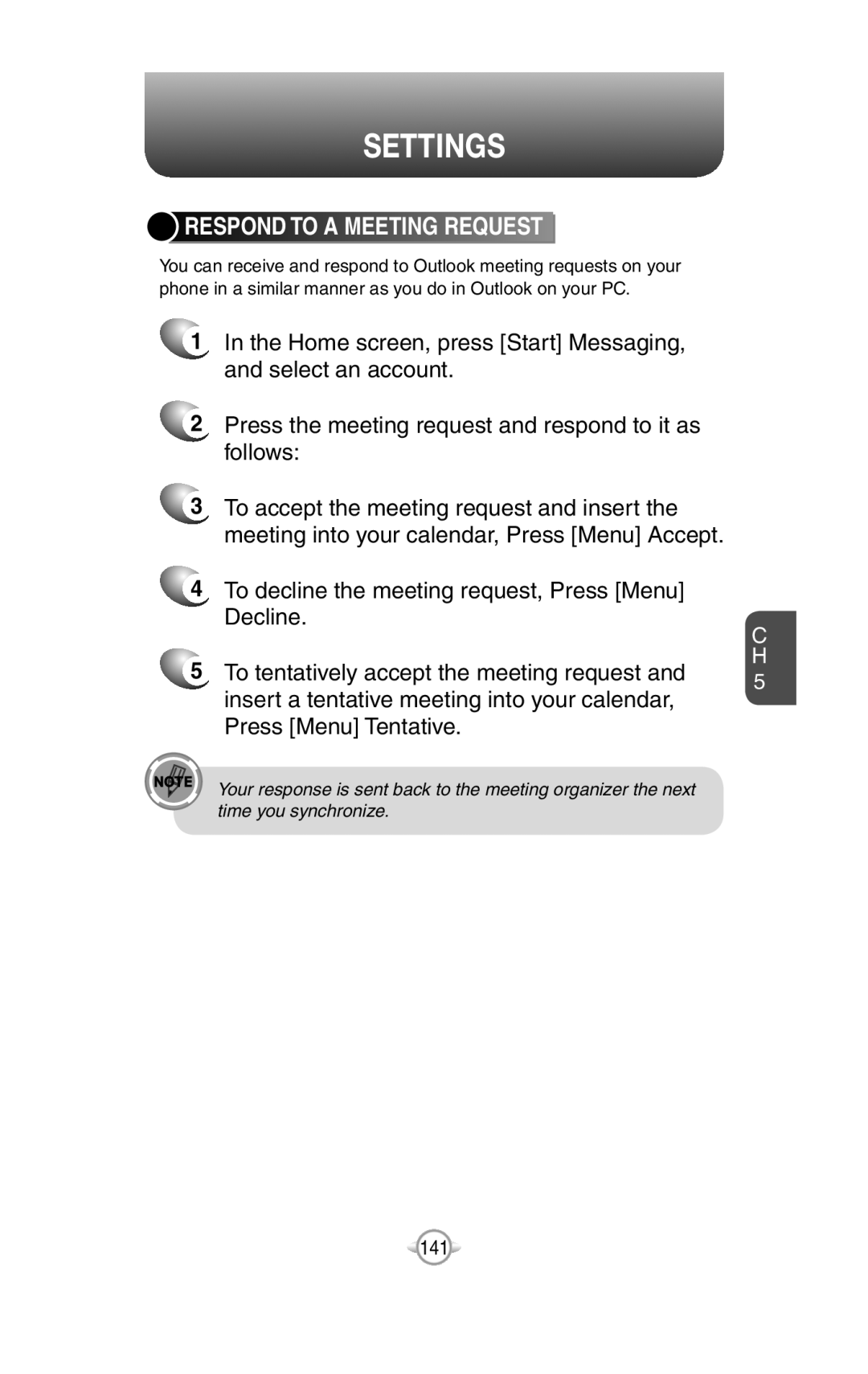 UTStarcom PN-820 user manual Respond To A Meeting Request, Settings 