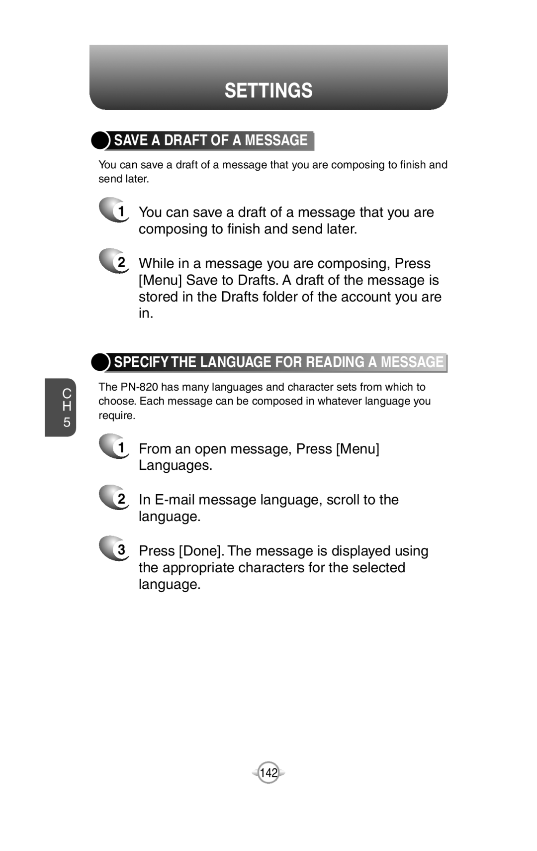 UTStarcom PN-820 user manual Save A Draft Of A Message, Specify The Language For Reading A Message, Settings 
