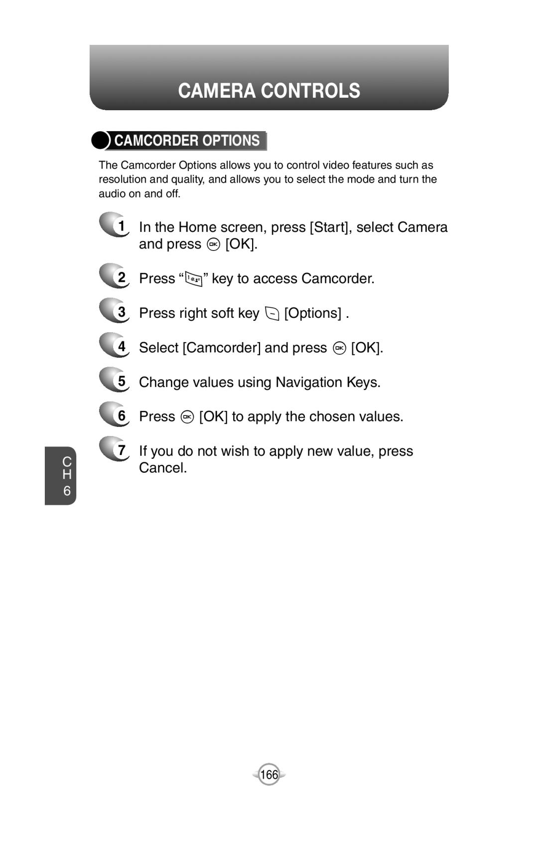 UTStarcom PN-820 user manual Camcorder Options, Camera Controls 