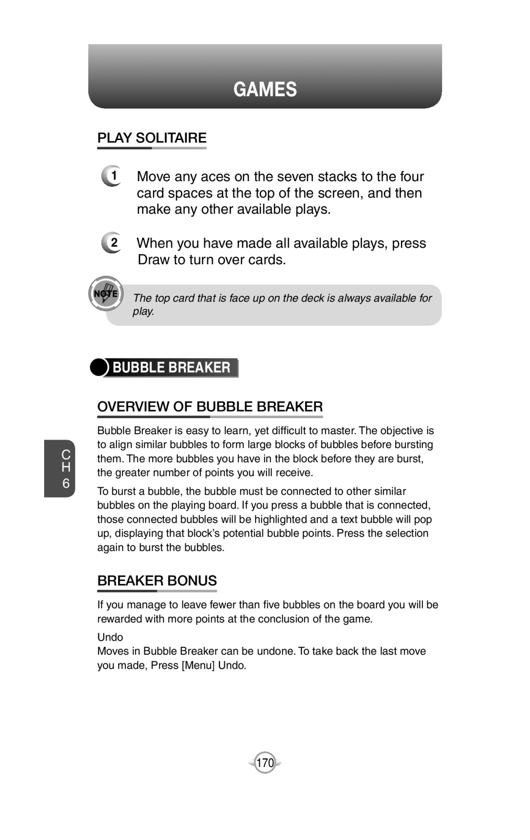 UTStarcom PN-820 user manual Games, Play Solitaire, Overview Of Bubble Breaker, Breaker Bonus 