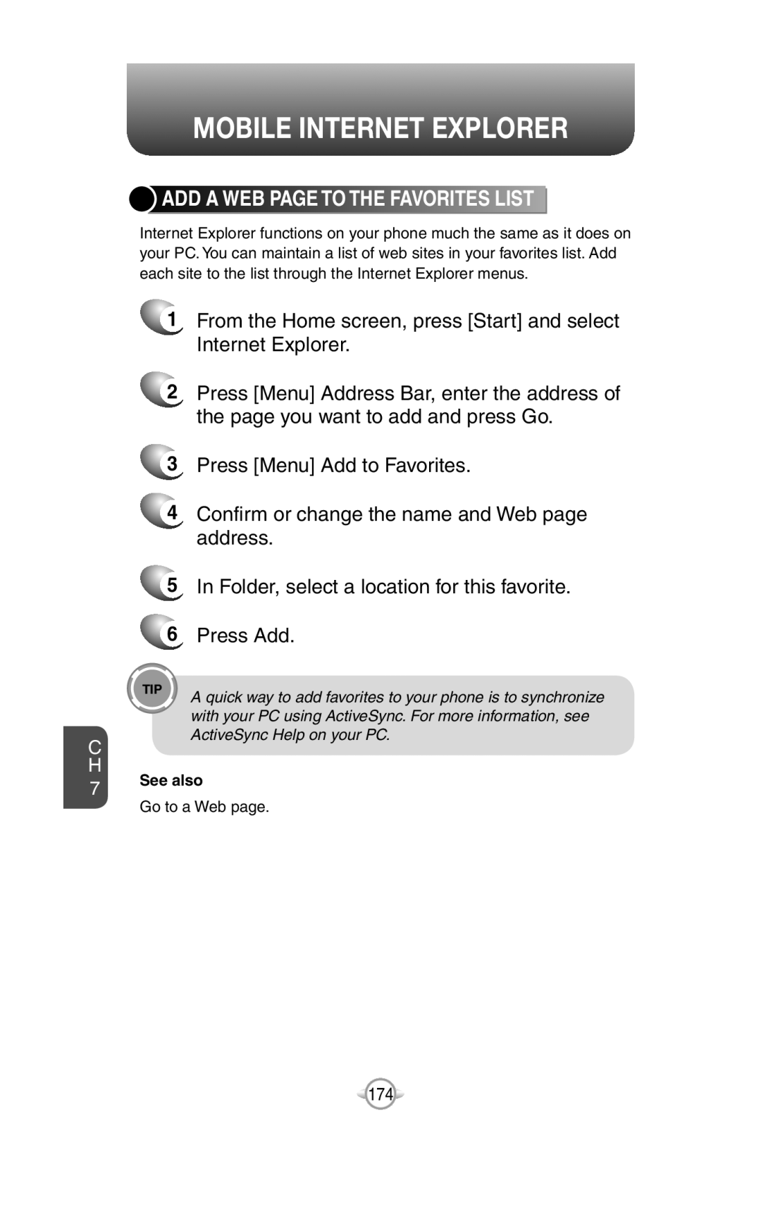 UTStarcom PN-820 user manual Mobile Internet Explorer, Add A Web Page To The Favorites List 