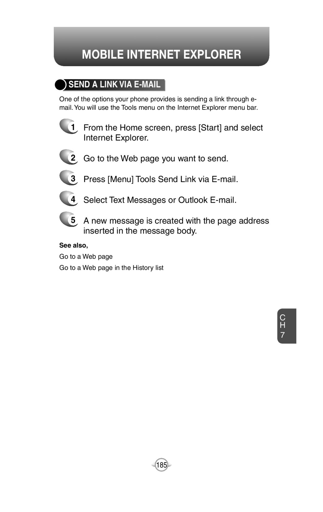 UTStarcom PN-820 user manual Send A Link Via E-Mail, Mobile Internet Explorer 