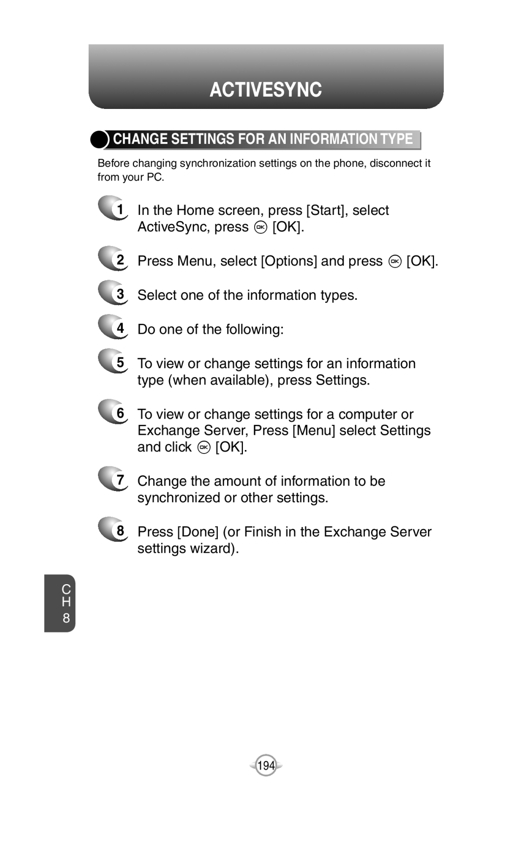 UTStarcom PN-820 user manual Change Settings For An Information Type, Activesync 