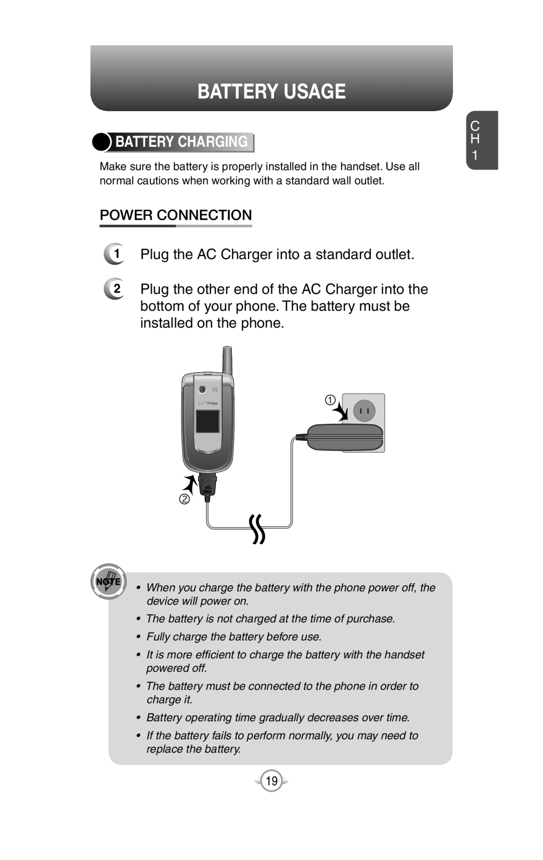 UTStarcom PN-820 Battery Chargingh, Battery Usage, Power Connection, 1Plug the AC Charger into a standard outlet 