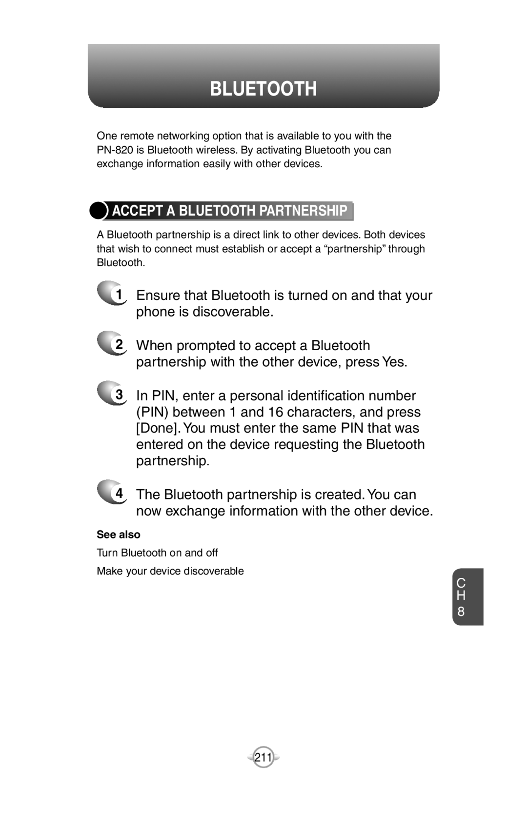 UTStarcom PN-820 user manual Accept A Bluetooth Partnership 