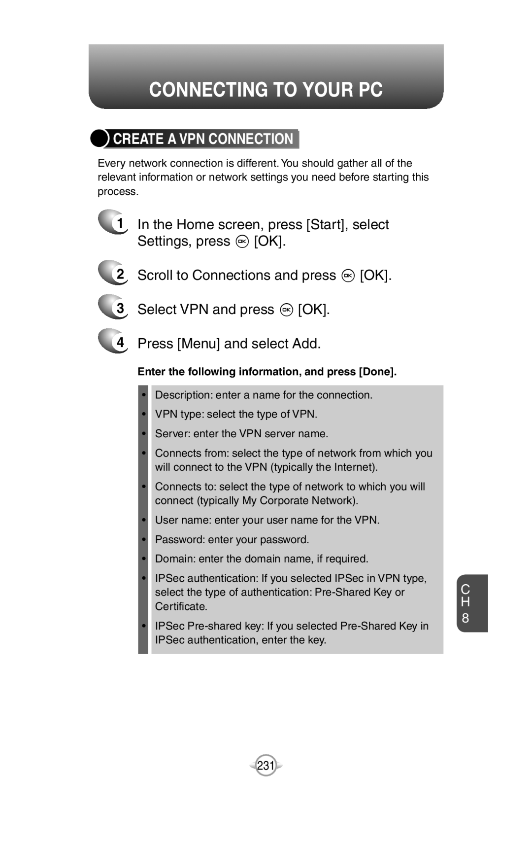 UTStarcom PN-820 user manual Create A Vpn Connection, Connecting To Your Pc 