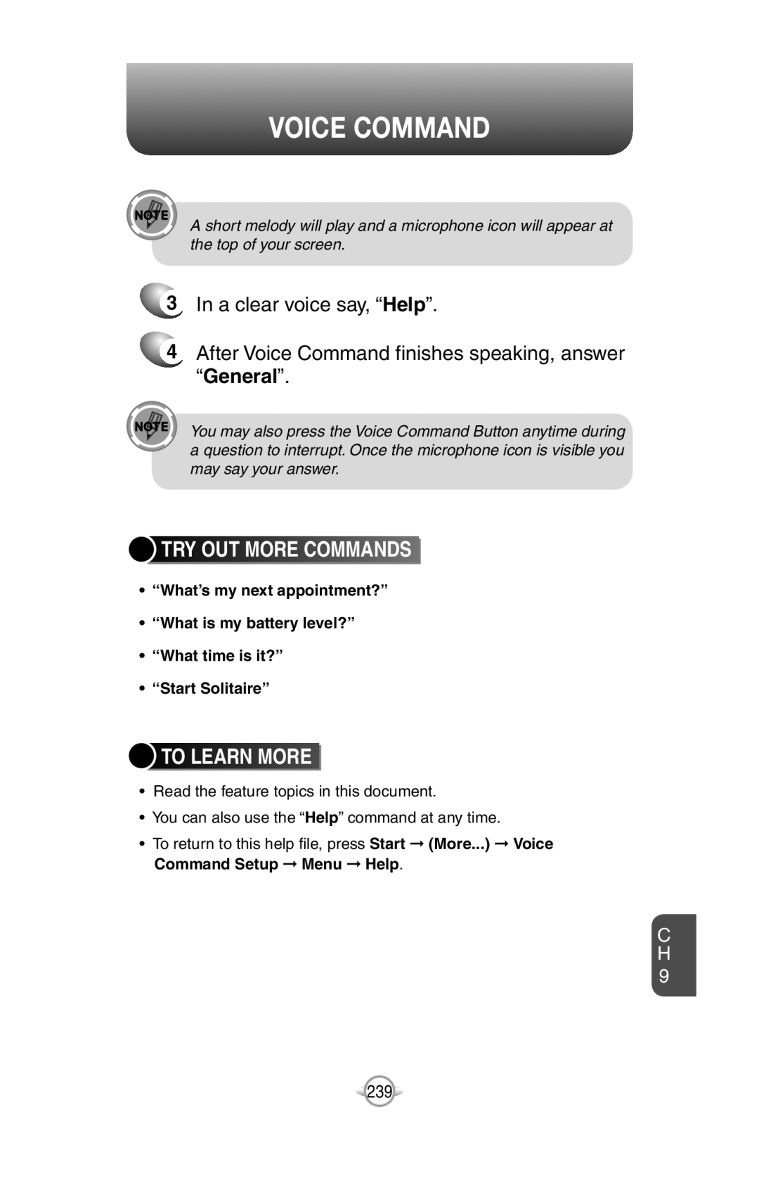 UTStarcom PN-820 user manual Try Out More Commands, To Learn More, Voice Command, 3In a clear voice say, “Help” 