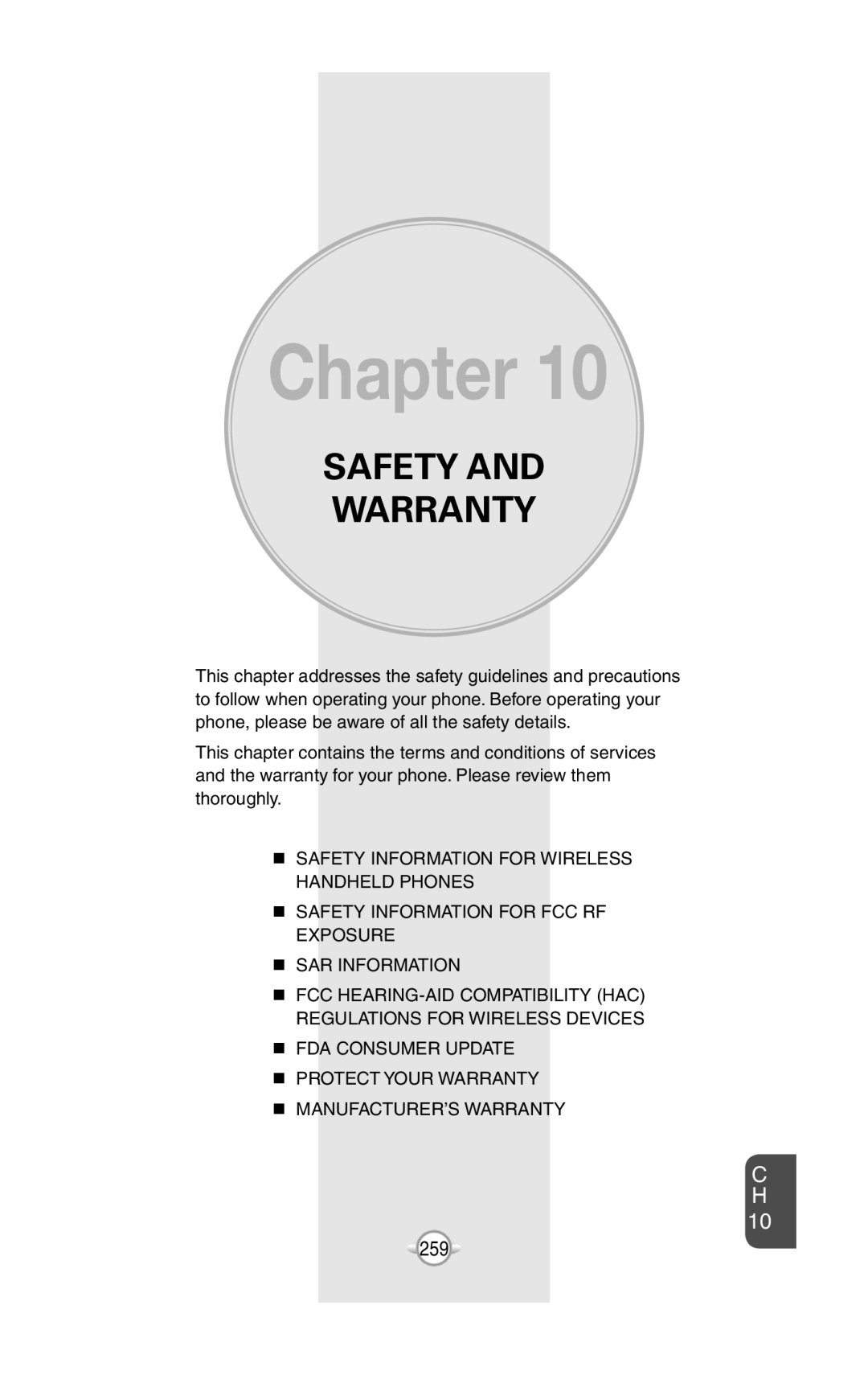 UTStarcom PN-820 user manual Safety And Warranty, Chapter, C H C H 10 