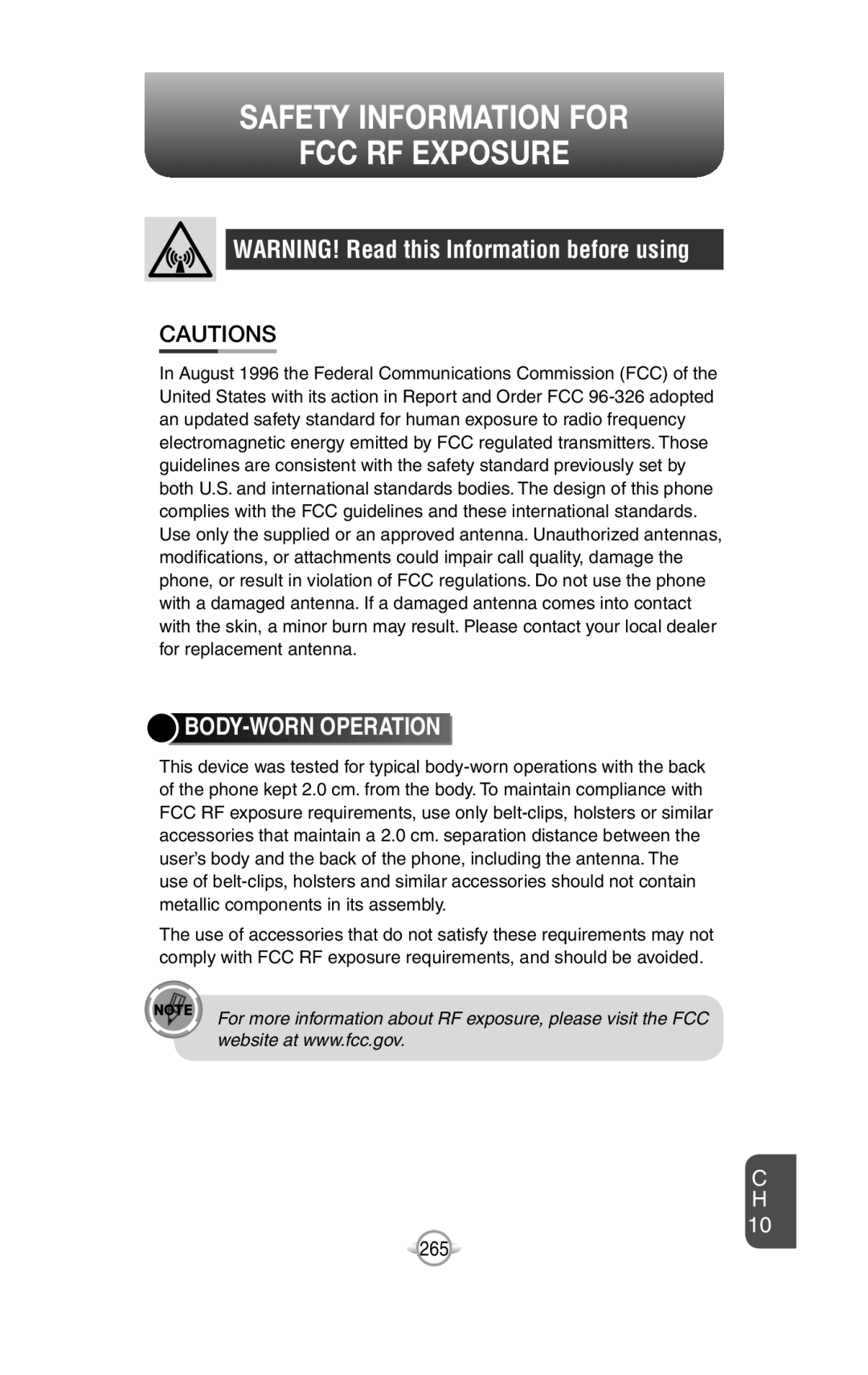 UTStarcom PN-820 Safety Information For Fcc Rf Exposure, WARNING! Read this Information before using, Body-Wornoperation 