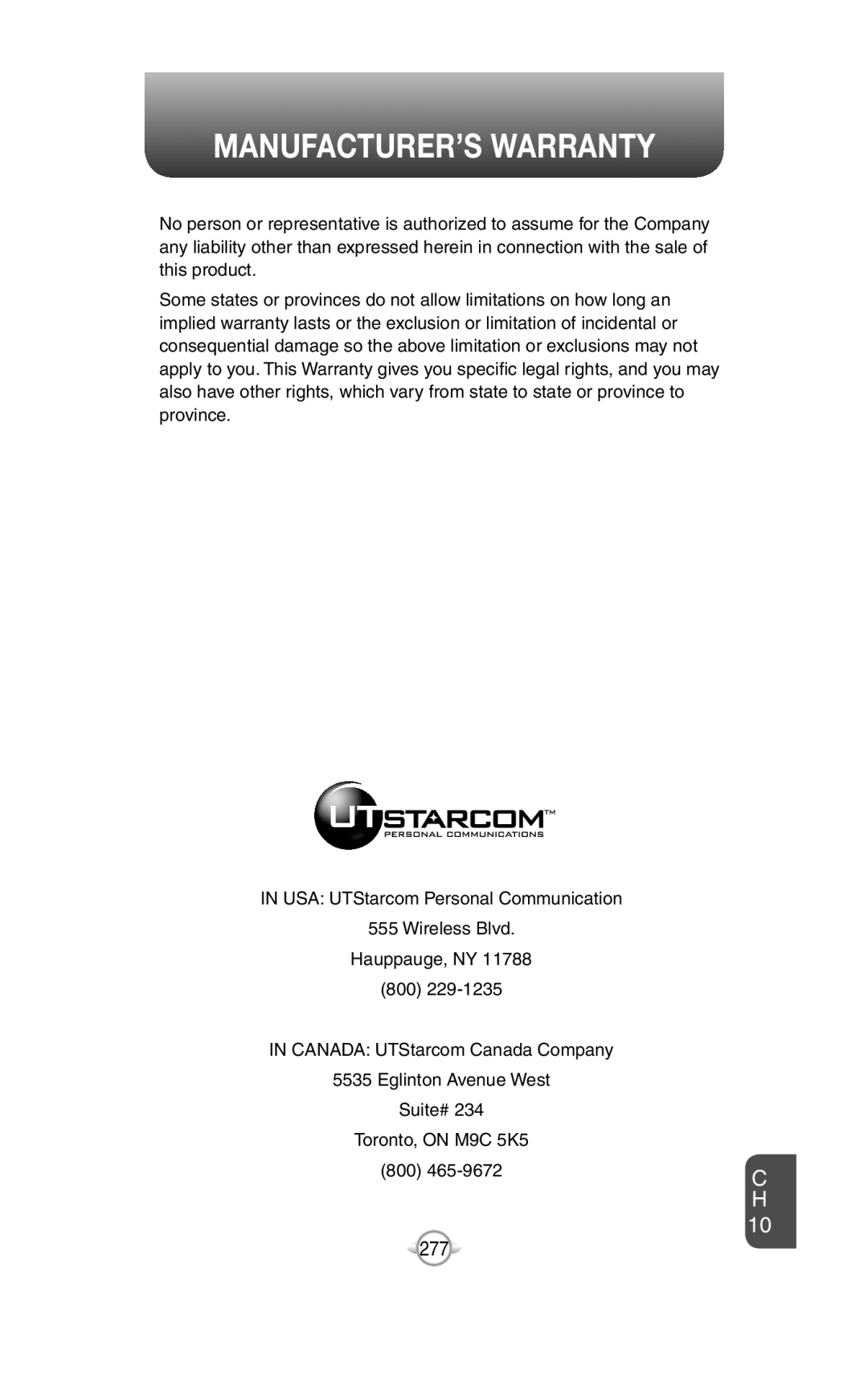 UTStarcom PN-820 user manual Manufacturer’S Warranty, IN USA UTStarcom Personal Communication 