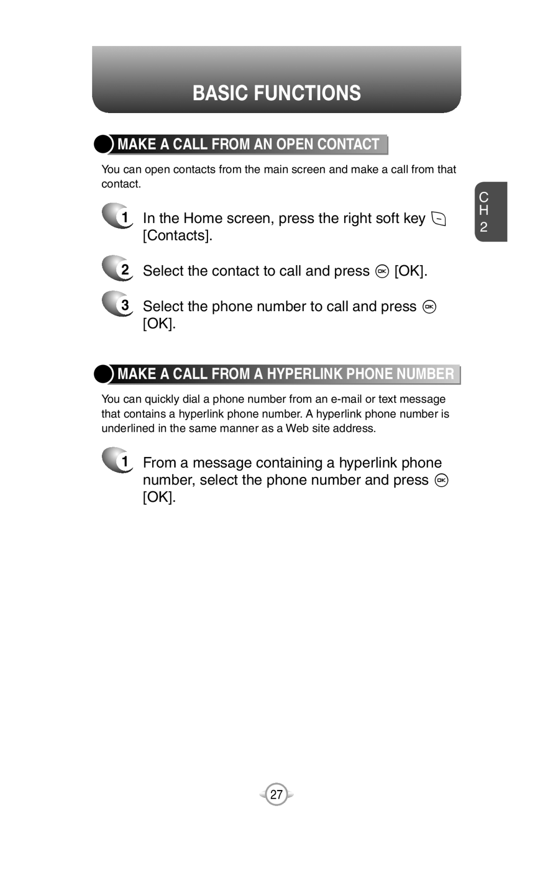 UTStarcom PN-820 user manual Make A Call From An Open Contact, Make A Call From A Hyperlink Phone Number, Basic Functions 