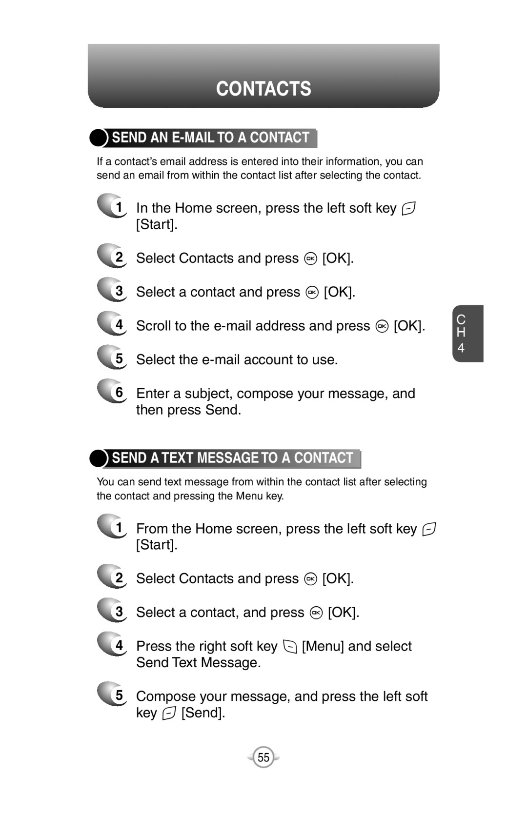 UTStarcom PN-820 user manual Send An E-Mailto A Contact, Send A Text Message To A Contact, Contacts 