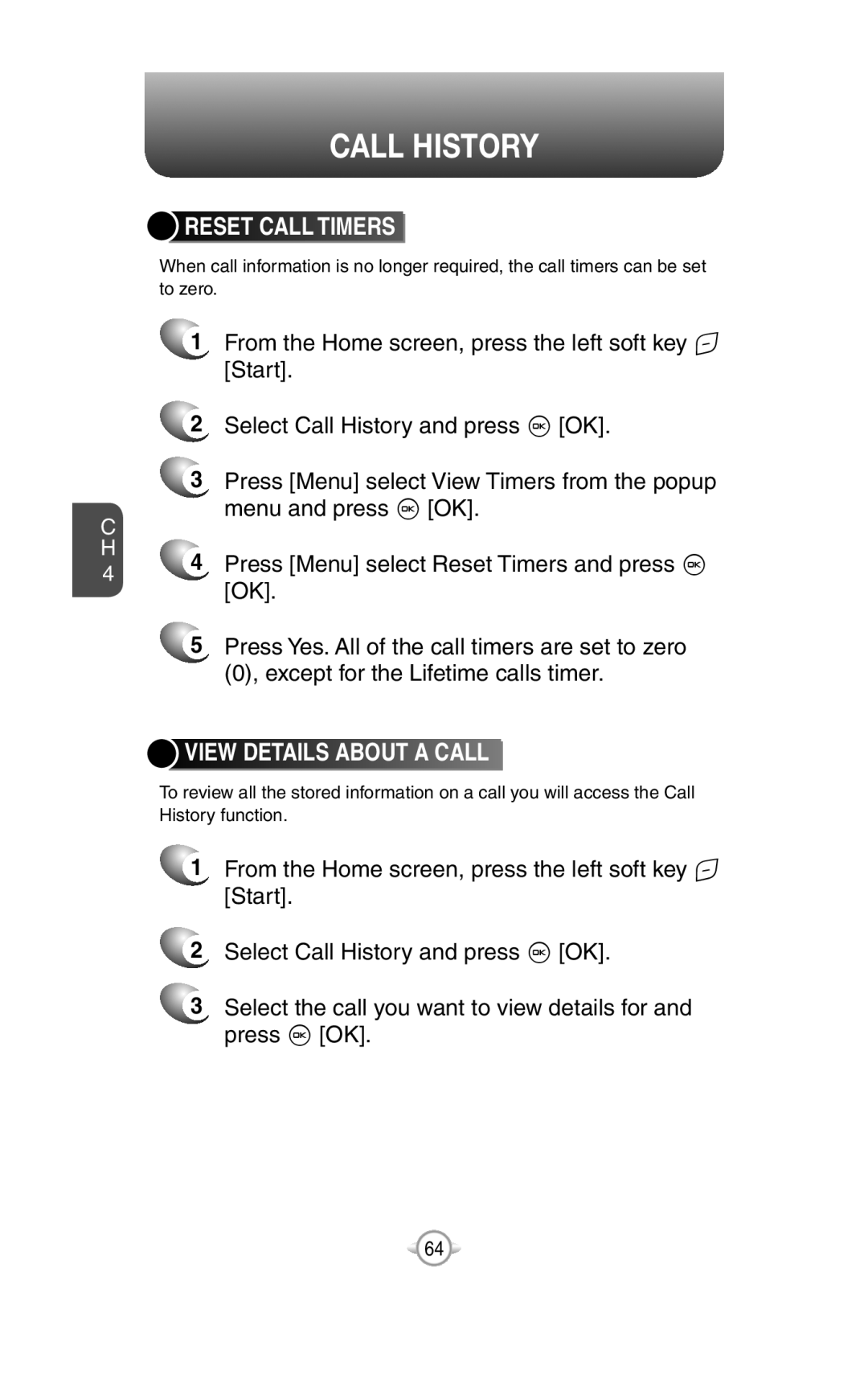 UTStarcom PN-820 user manual Reset Call Timers, View Details About A Call, menu and press O OK, Call History 