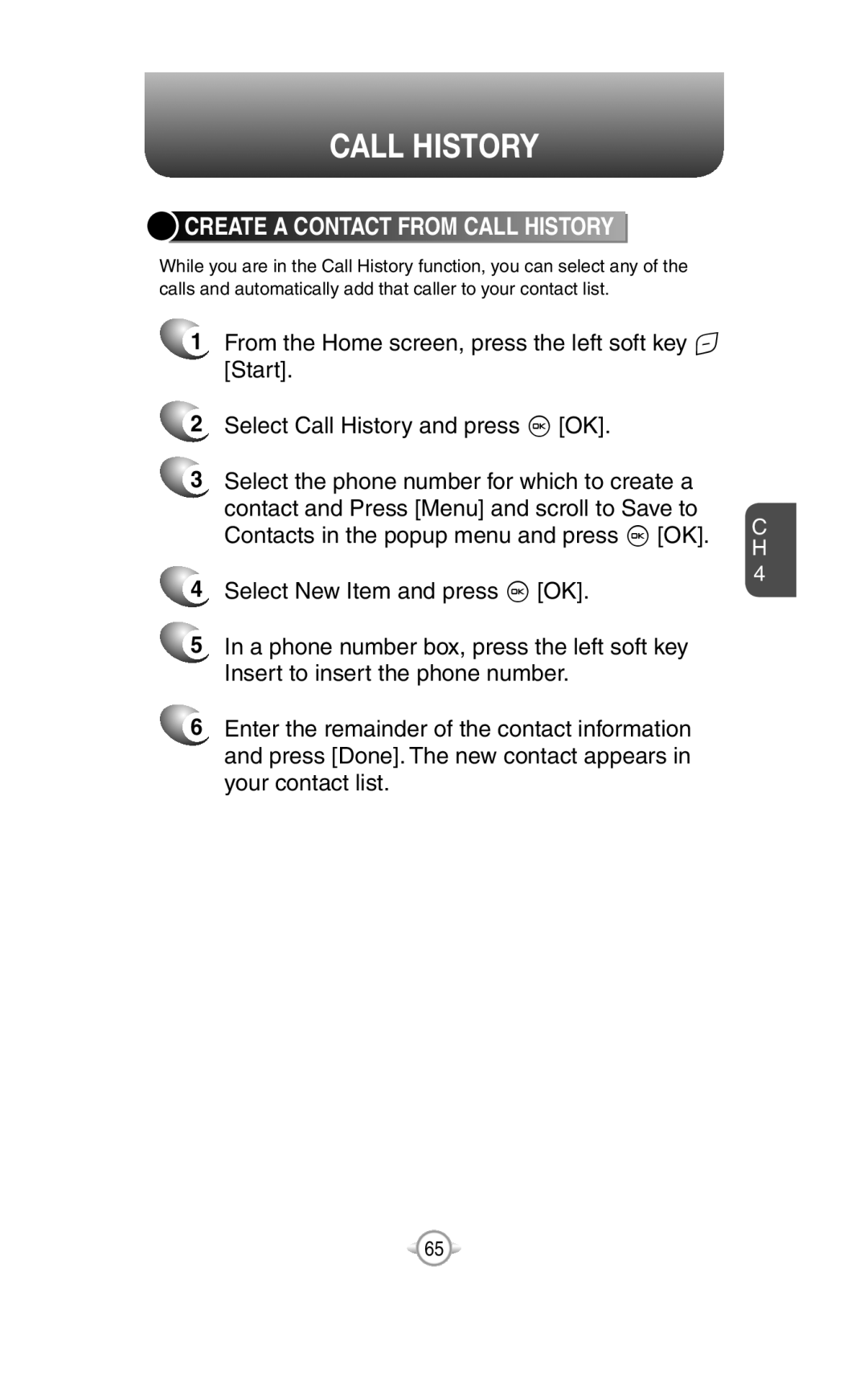 UTStarcom PN-820 user manual Create A Contact From Call History 