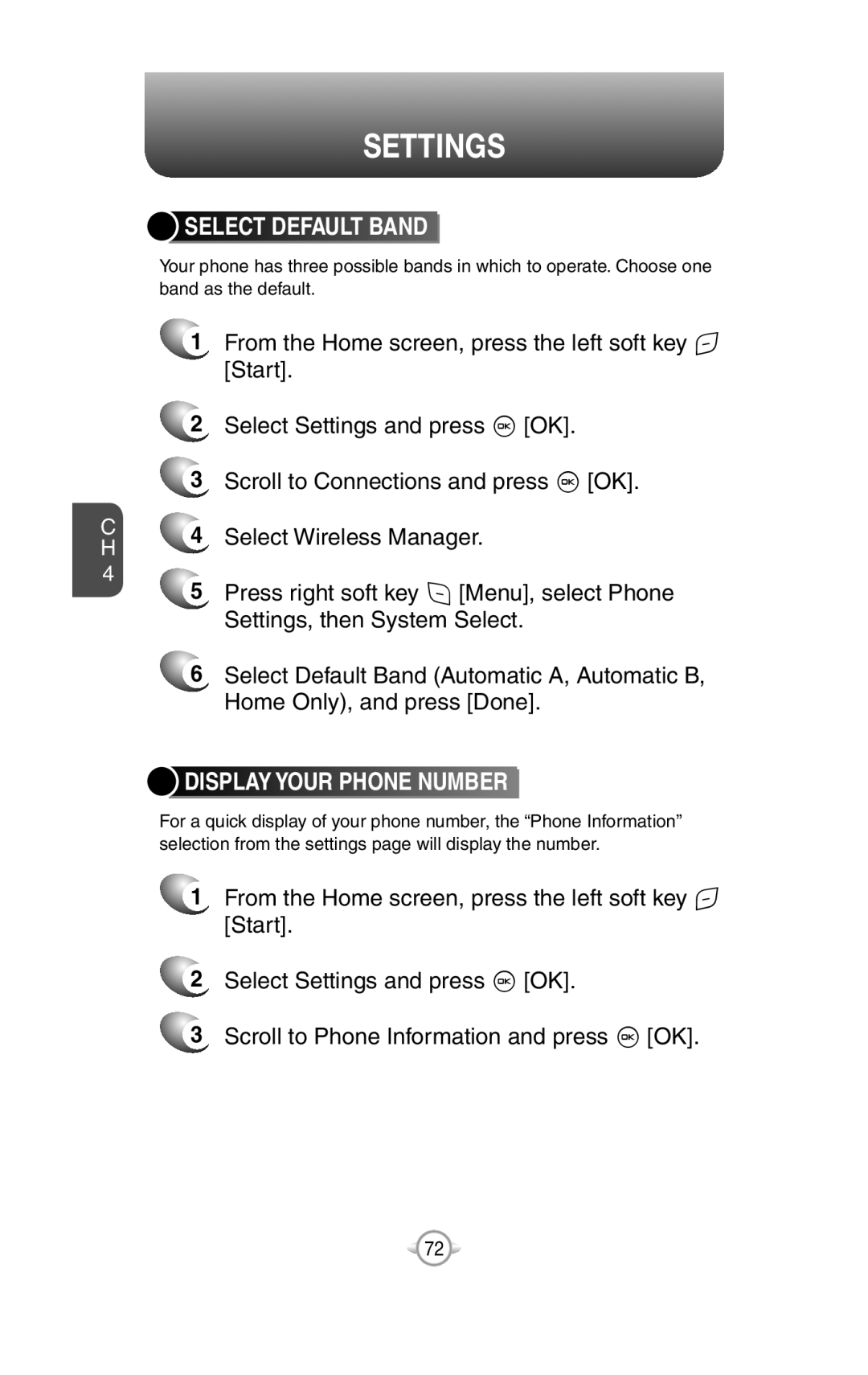 UTStarcom PN-820 user manual Select Default Band, Display Your Phone Number, Settings 