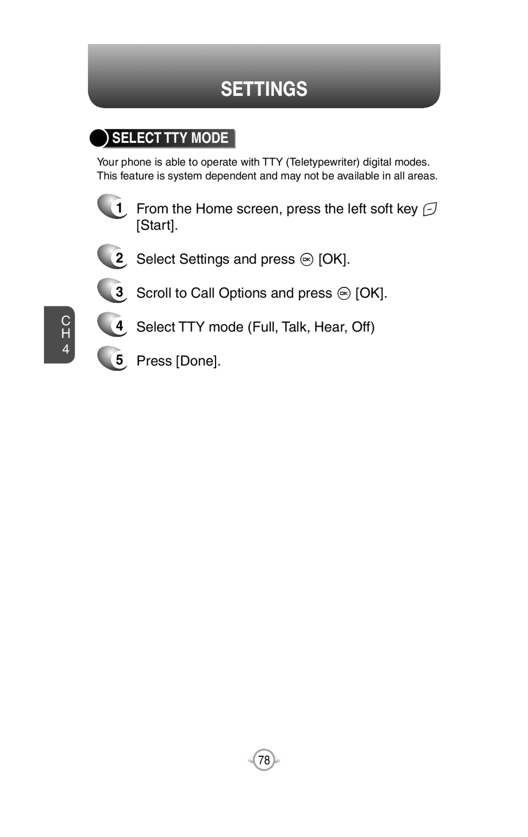 UTStarcom PN-820 Select Tty Mode, 2Select Settings and press O OK, 3Scroll to Call Options and press O OK, Press Done 